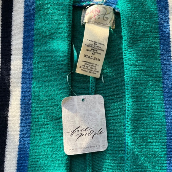 Free People One Size Poncho Striped Hooded Open Knit Kimono Pockets Green White - Picture 11 of 16